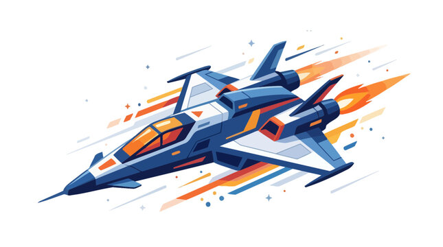 Sleek futuristic starship fighter jet flying through deep space.