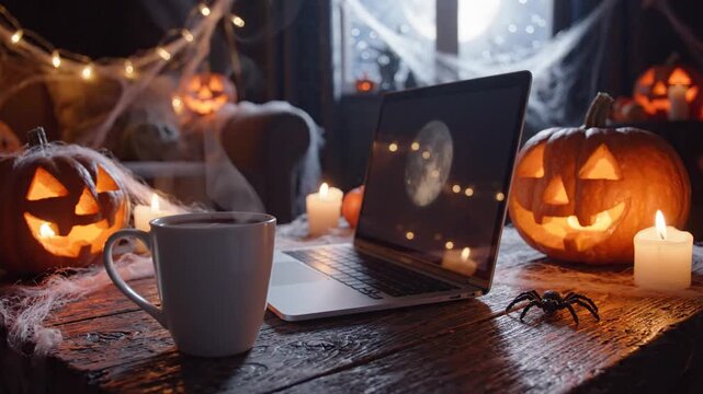 Cozy Halloween Night Jack o lantern Laptop Hot Drink Spiders Candles