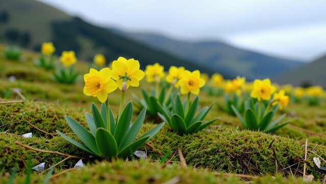 Bright yellow primrose flowers blooming on green moss-covered field with rolling hills in the background, vibrant spring scene for nature and botanical themes