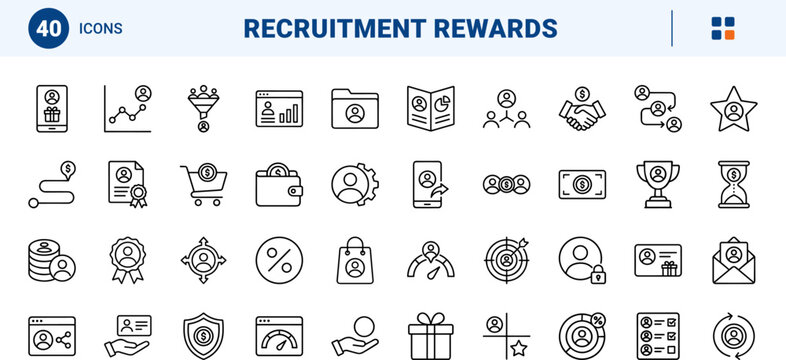Employee referral program line icon set. Vector pictograms of recruitment, hiring, talent, and candidate elements, thin linear illustration.