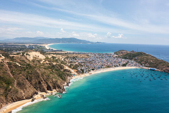 Aerial view of Nhon Hai Beach and coastal town near Quy Nhon, Vietnam