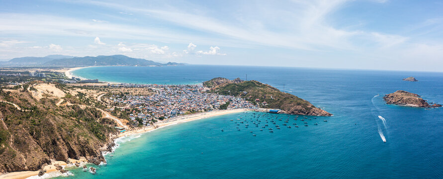 Aerial view of Nhon Hai Beach and coastal town near Quy Nhon, Vietnam