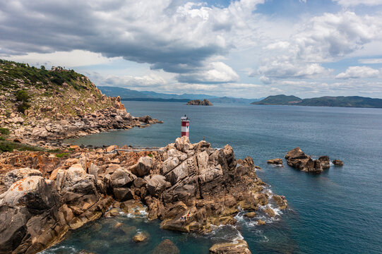 Aerial view of the red and white lighthouse at Eo Gio near Quy Nhon, Vietnam