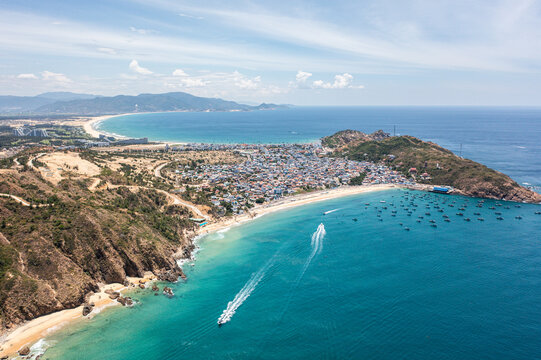 Aerial view of Nhon Hai Beach and coastal town near Quy Nhon, Vietnam