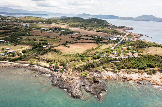 Aerial view of Quy Nhon coast with mountains and beaches, Vietnam.  Drone Photo