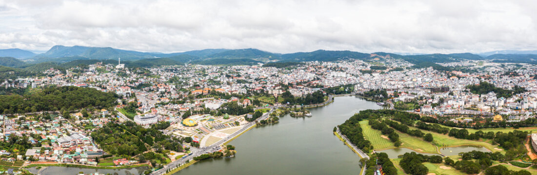 Da Lat highland landscape with lake, jungle and mountains - Aerial Drone Photo