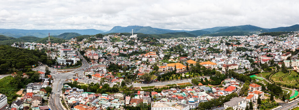 Da Lat highland landscape with lake, jungle and mountains - Aerial Drone Photo