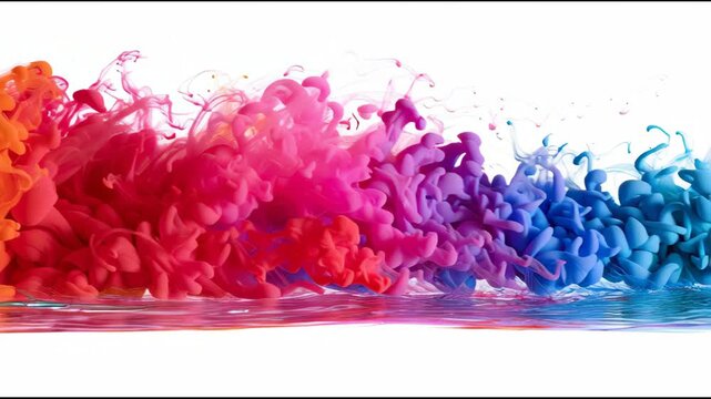 Ink drops in a clear water surface create colorful patterns and mix together, showcasing a visual display of movement at a close range