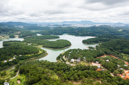 Da Lat highland landscape with lake, jungle and mountains - Aerial Drone Photo