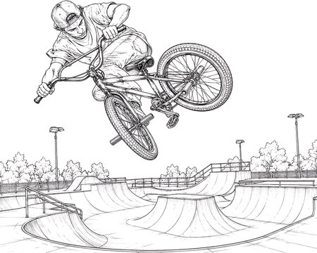 airborne BMX trick, BMX freestyle, BMX rider, skatepark, extreme sports, aerial stunt, bicycle stunt, freestyle cycling, BMX jump, midair action, bike trick, urban sports, action sports, sports illust