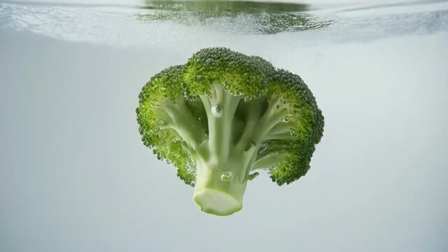 Macro video of a single broccoli head dropping into pristine water, captured in slow motion