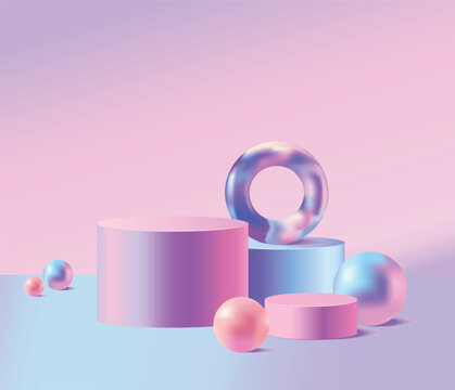 Vector Pastel Gradient 3D Geometric Podium Display with Minimal Abstract Shapes on soft pink and blue gradient background