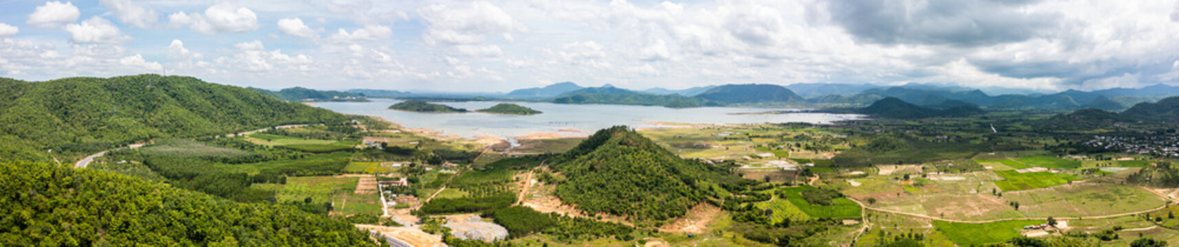 Aerial view of rice paddies and mountain range - Central Vietnam