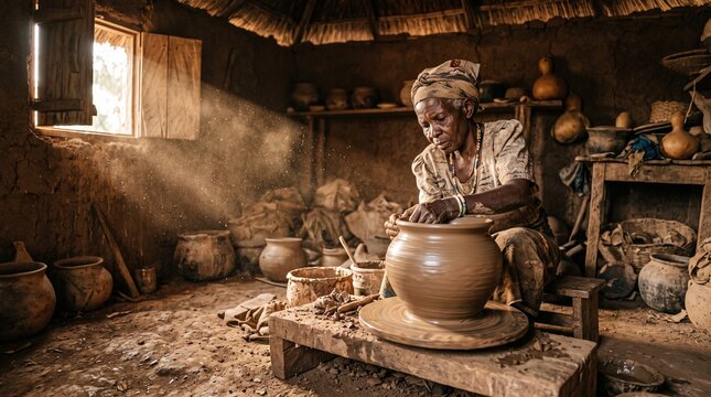 Old african woman molding clay pot in rustic workshop with sunlight