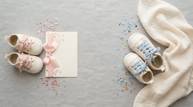 White infant sneakers and knitted baby blanket, gender reveal celebration with blue and pink confetti, stylish newborn clothing set for boy and girl, newborn arrival flat lay with card
