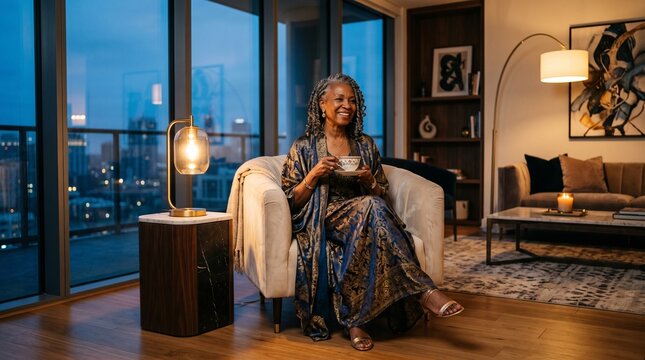 Old african woman relaxing with tea in luxury apartment at night
