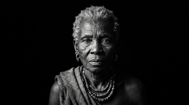 Old african woman portrait with traditional jewelry in black and white