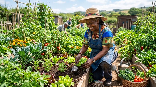 Old african woman gardening in a lush community vegetable garden
