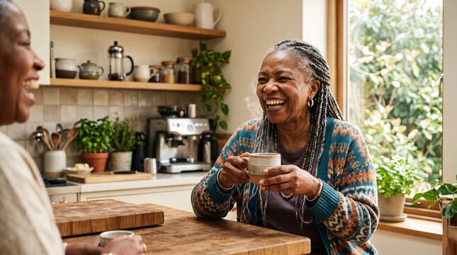 Old african woman laughing while holding a mug in a cozy kitchen