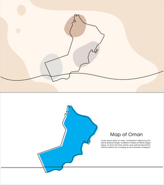 Continuous one line drawing of map of Oman. white background map for Education, Travel across cities in Oman, infographics, Science, Web Presentation isolated on white background	