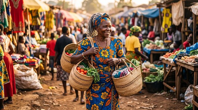 Old african woman smiling while carrying baskets in a busy market
