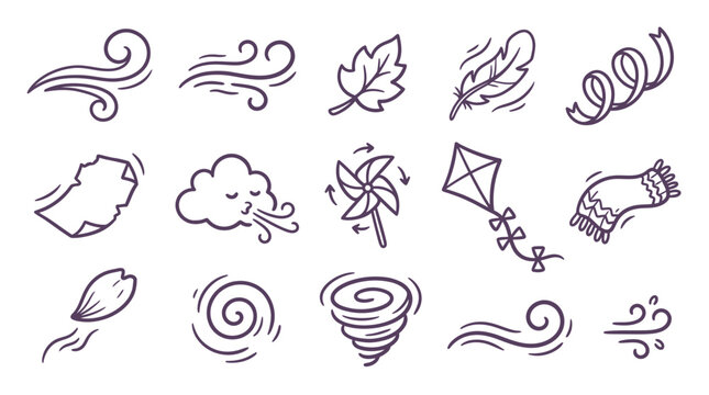 A collection of hand-drawn doodle icons representing various forms of wind and air movement, including gusts, breezes, and weather phenomena.