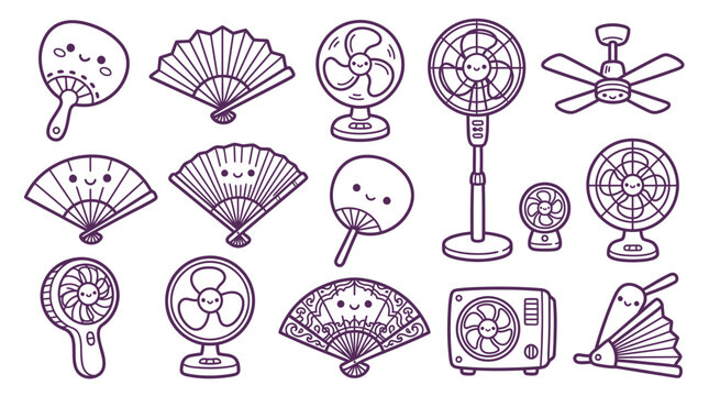 A collection of cute kawaii-style fan illustrations, including hand fans, desk fans, stand fans, ceiling fans, and an air conditioner unit, all with happy faces.