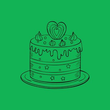 Decorated layer cake with heart topper outline doodle isolated on white background