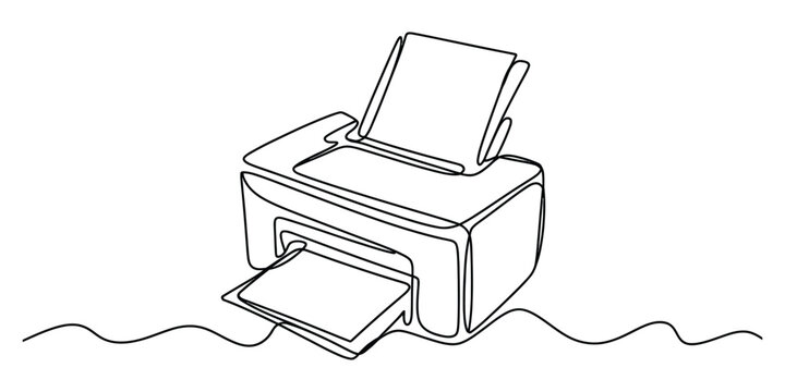 Continuous single line drawing of an office printer machine with paper document ready for printing isolated on a clean white background illustration