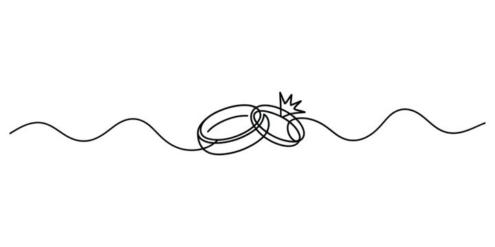 Continuous single line drawing of two wedding rings with a diamond engagement ring isolated on a white background for wedding and love concepts illustration