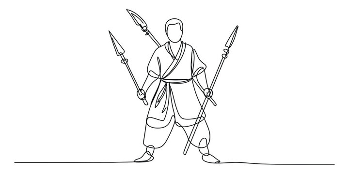 Continuous line drawing of a brave ancient warrior holding three sharp spears in a defensive stance for martial arts or historical battle theme illustration