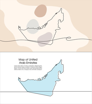 Continuous one line drawing of map of United Arab Emirates. white background map for Education, Travel across cities in UAE, infographics, Science, Web Presentation isolated on white background