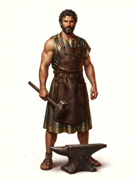 Hephaestus, Greek God of Blacksmiths and Fire, Holding Hammer with Anvil