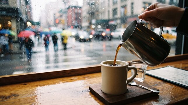 Hand pouring coffee into mug, rainy street scene outside window, cafe interior, wooden table, moody atmosphere, coffee pouring, hot drink