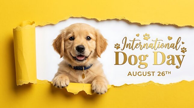 International Dog Day August 26th Celebration Greeting, Golden Retriever Puppy Head Through Torn Yellow Paper, Festive Pet Holiday Concept Design Template