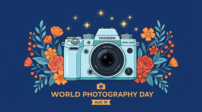 World Photography Day design August 19, camera illustration concept, floral frame logo emblem, retro photography icon, vector graphic for social media, event poster template