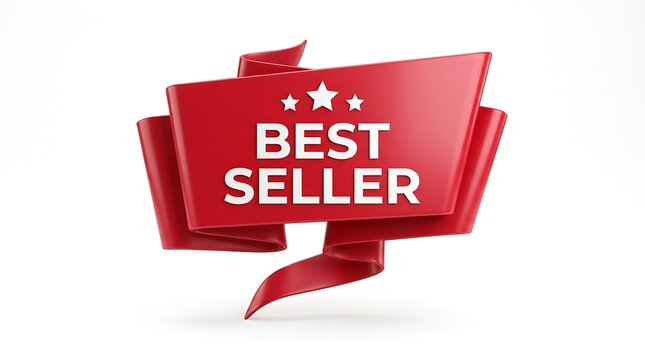 Best Seller Ribbon Label, Red Badge Graphic Design Element. Victory Award Mark, Star Icon and Ribbon Decorator. Success Sale Tag, Sale Decal for E-commerce and Marketing. Stationary Style 3D