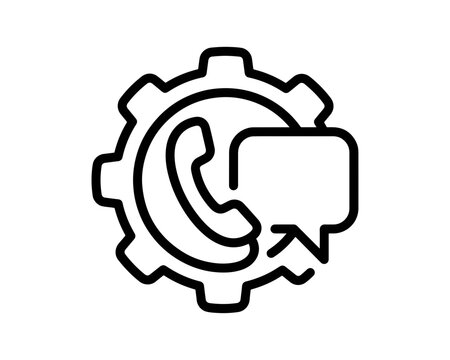 Customer service telephone handset inside gear with chat bubble icon