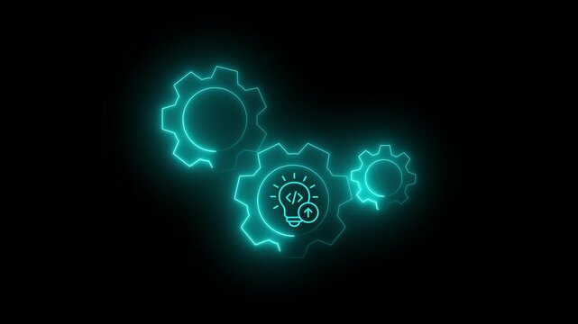Animated cyan Neon Gears with Coding Light Bulb Icon on Black Background Glowing Digital Gears and Idea Bulb Animation for Software Development
