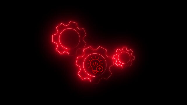 Animated Red Neon Gears with Coding Light Bulb Icon on Black Background Glowing Digital Gears and Idea Bulb Animation for Software Development
