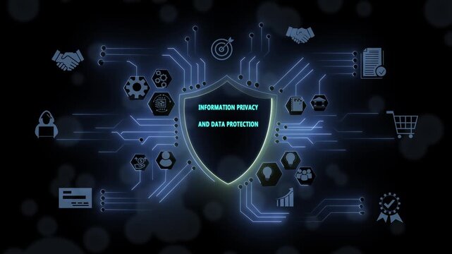 Advanced digital information privacy and data protection shield concept featuring glowing cyber security network and futuristic connectivity lines for corporate enterprise infrastructure
