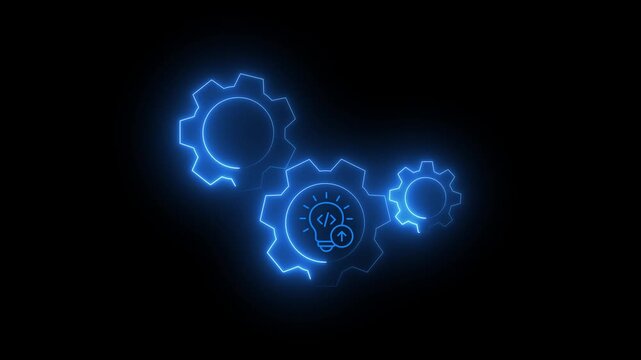 Animated blue Neon Gears with Coding Light Bulb Icon on Black Background Glowing Digital Gears and Idea Bulb Animation for Software Development
