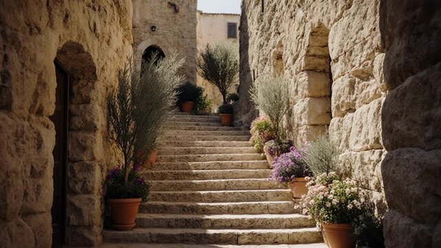 Quiet stone alley steps in sunlit village architecture.