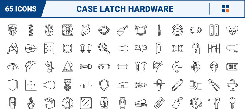 Guitar case latches line icon set. Vector pictograms of hardware, fasteners, locks, and accessories elements, thin linear illustration.