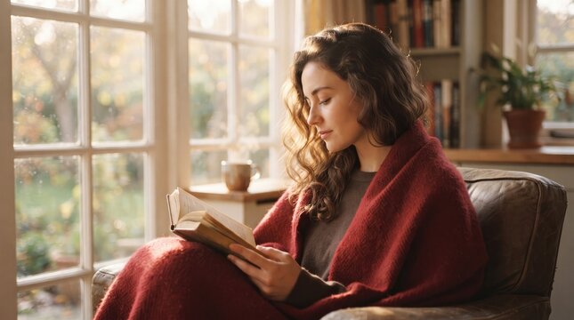 A young woman with curly hair sits comfortably in a leather armchair by a bright window while reading an old book in a cozy room