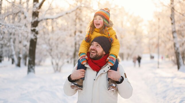 A happy father carrying his laughing young daughter on his shoulders while walking through a beautiful snowy forest during a bright sunny winter day outdoors