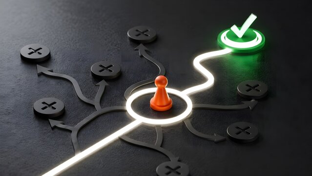 Red pawn navigating glowing correct path towards green checkmark representing strategic decision making and business success