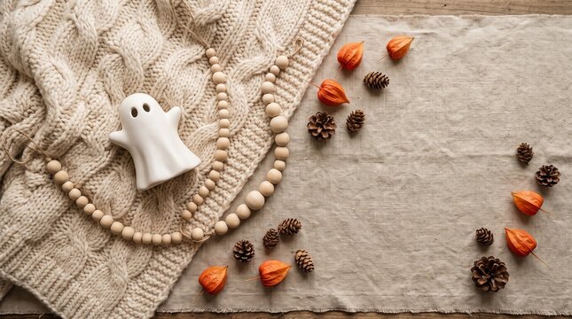 Cozy autumn Halloween composition with ghost, white knit blanket and pinecones
