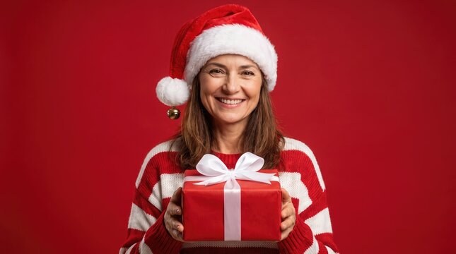 A cheerful young woman wearing a festive red sweater and a santa hat holds a beautifully wrapped christmas gift while smiling against a red background