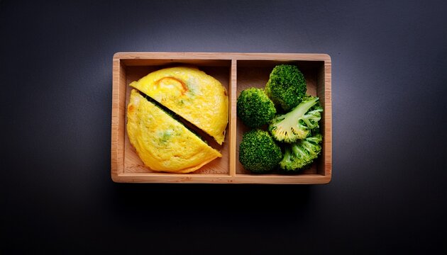 Sliced omelet beside broccoli florets in a wooden bento